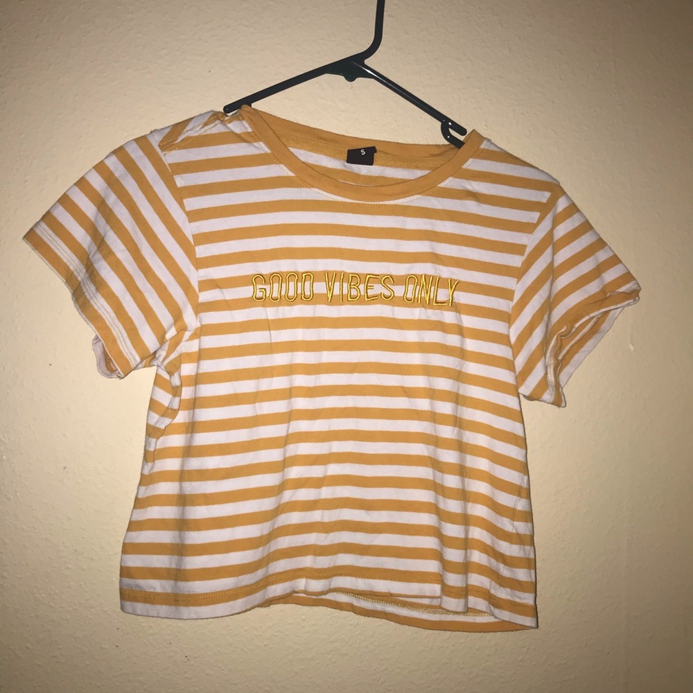 “good vibes only” yellow striped top.